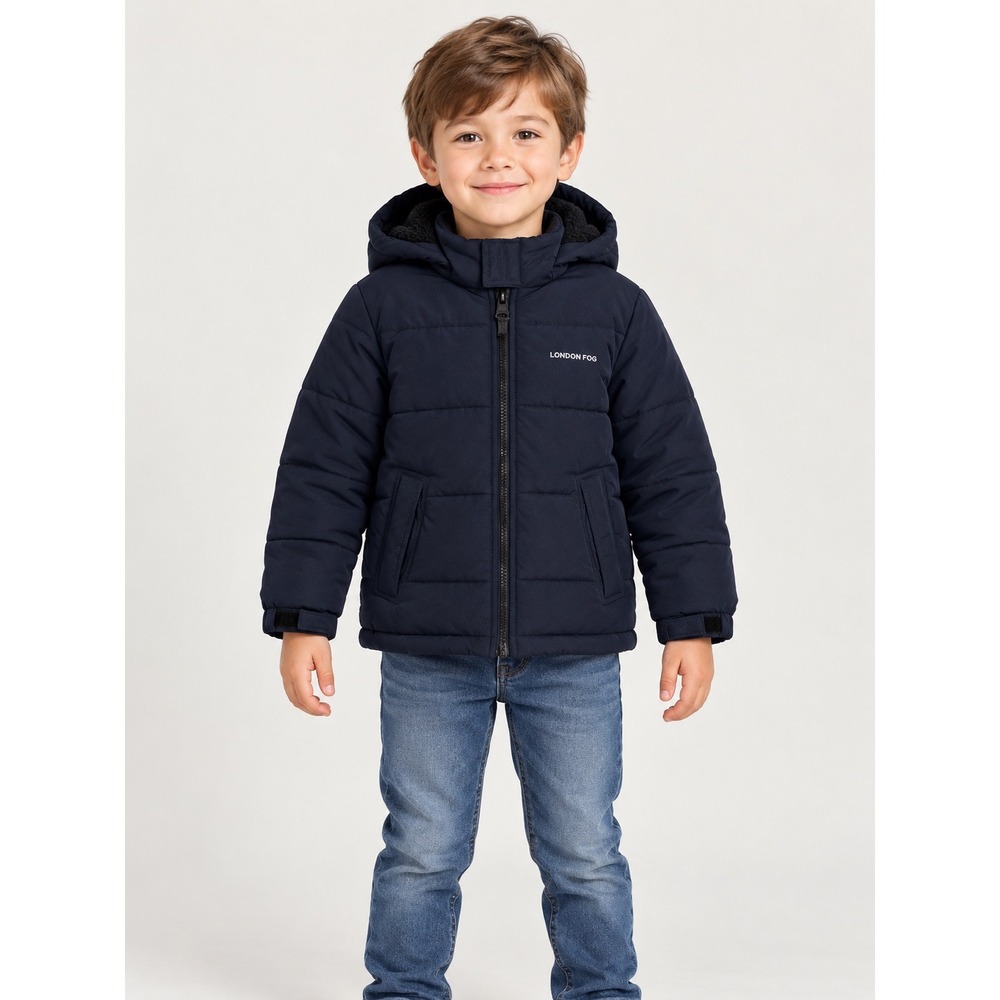 London Fog Boys Navy Blue Hooded Puffer Jacket Winter Coat Fleece Lined Hood